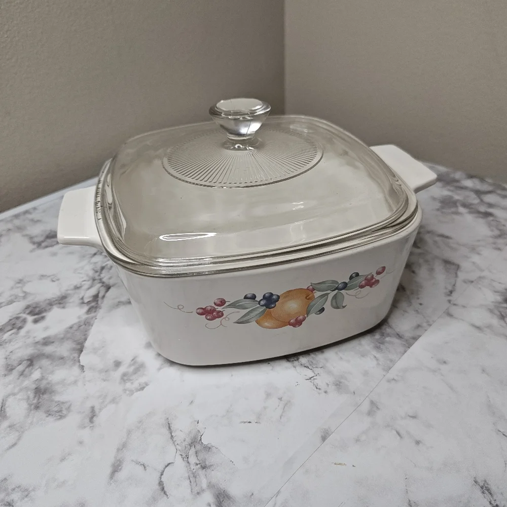 Vintage Pyrex Glass Lid White Casserole Dish Fruit Design